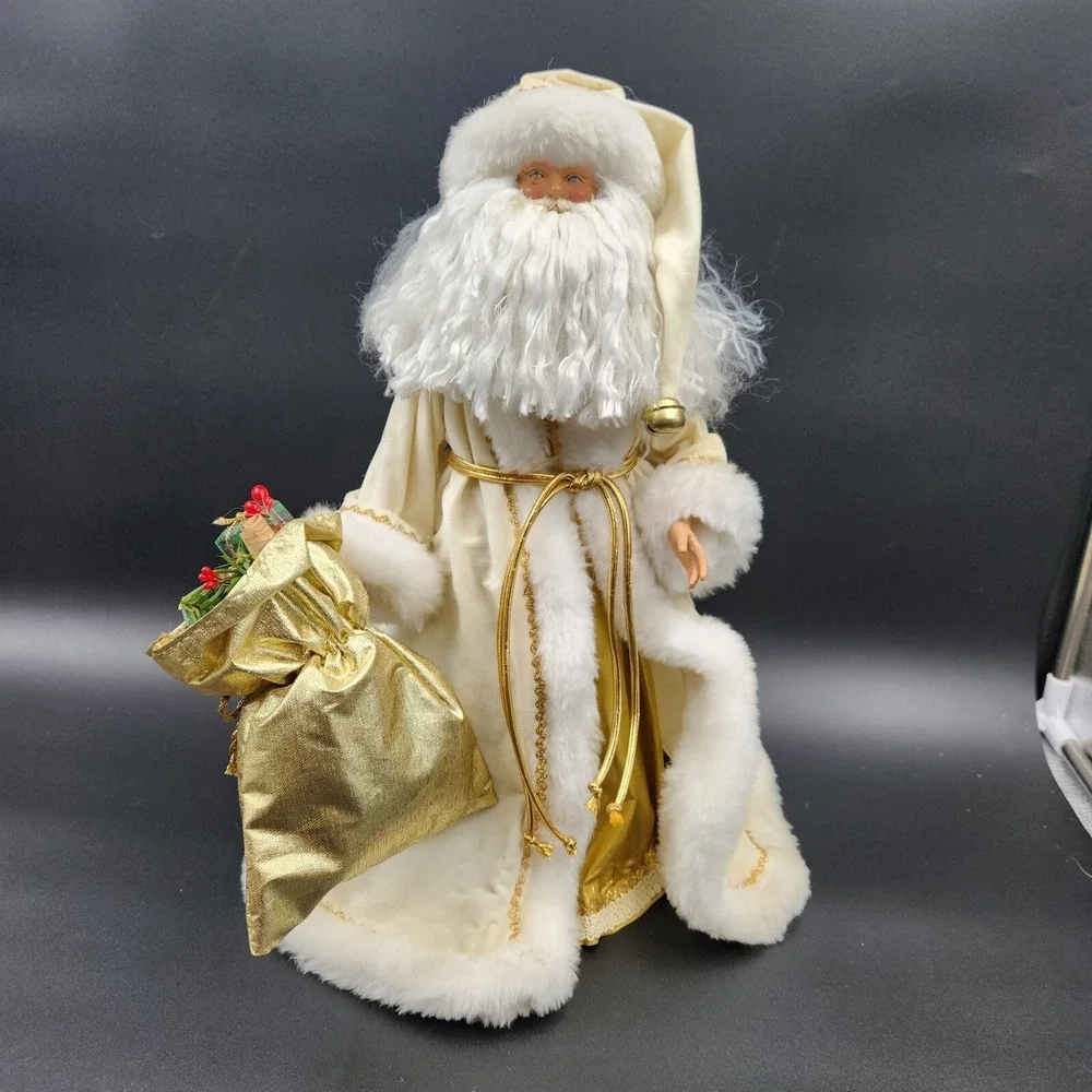 Santa Claus Christmas Tree Topper 16in Cream Gold Velvet Faux Fur Figurine